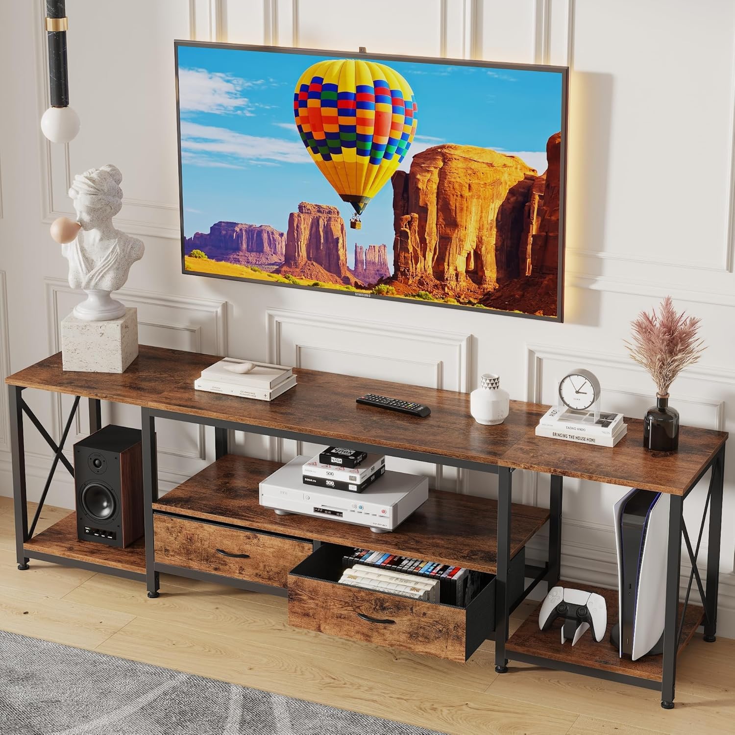 GYIIYUO TV Stand with Fabric Drawers for 65 70 75 Inches TV – Entertainment Center and Industrial TV Console Table with Open Storage Shelves for Living Room, Bedroom – 63″ Rustic Brown GYIIYUO TV Stand with Fabric Drawers for 65 70 75 Inches TV – Entertainment Center and Industrial TV Console Table with Open Storage Shelves for Living Room, Bedroom – 63″ Rustic Brown