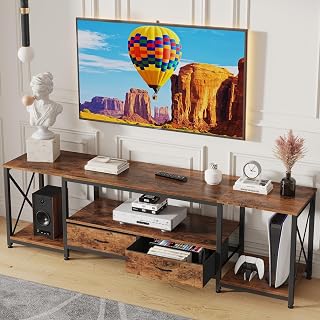 GYIIYUO 63" Rustic Brown TV Stand for 65-75 Inch TVs with 2 Fabric Drawers - Industrial Entertainment Center with Open Shelves