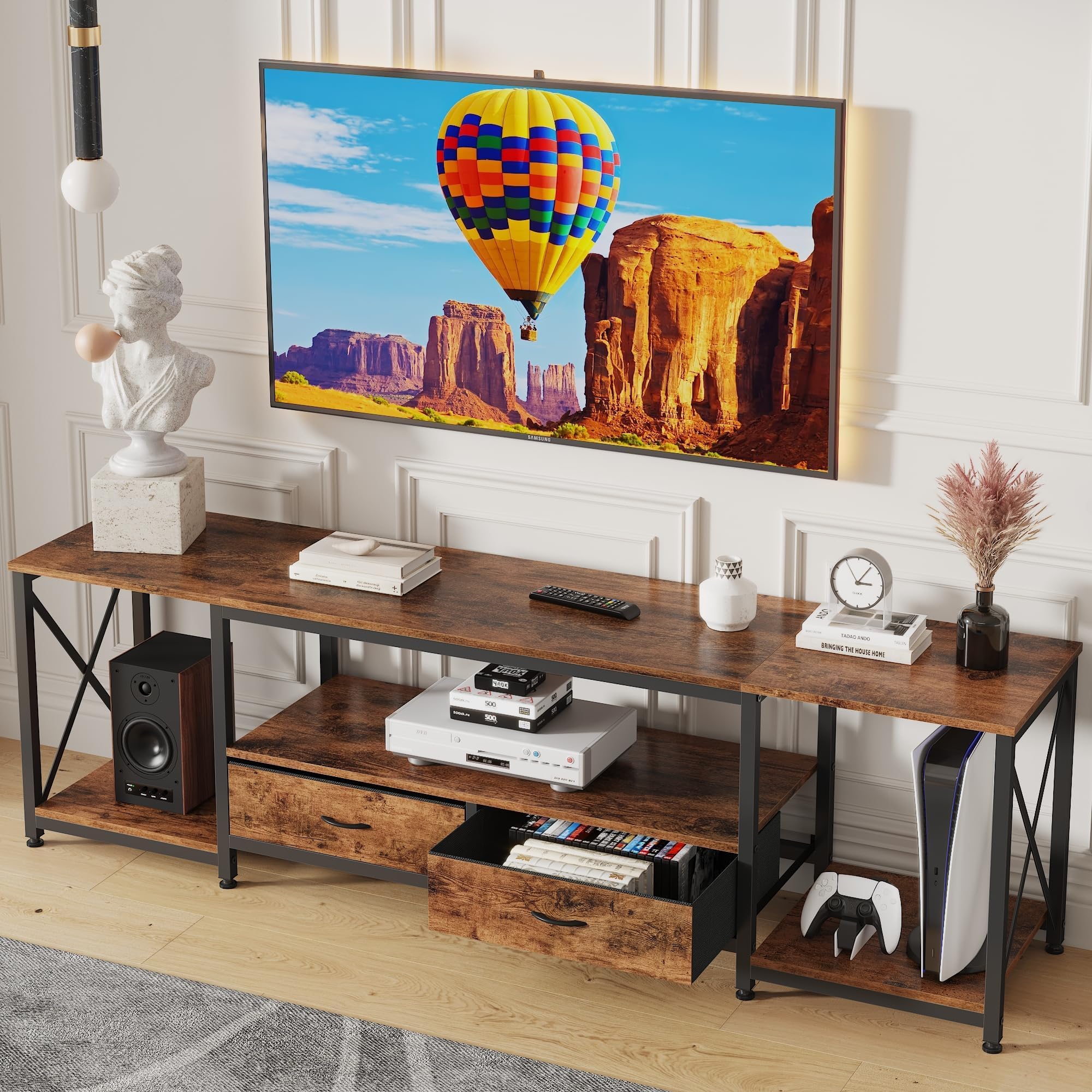 TV table, Multifunctional TV Multimedia Centers With Fabric Storage Cabinet, Middle Century Style TV Stand Table With Adjustable Hinge, Modren Wooden Television Furniture for Living Room