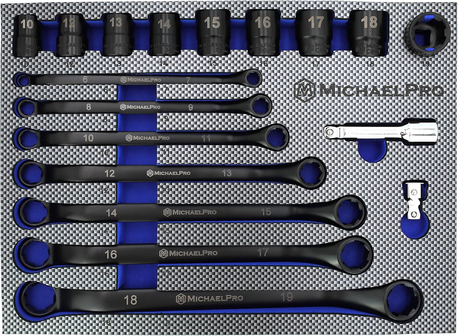 MichaelPro 18-Piece Bolt Extractor Wrench and Socket Set, 45° Offset Wrenches Metric 6-19mm, 6-Point Box End Nut for Rounded, Stripped & Thin Bolts Removal, CR-V Steel, Extractor Sockets 10-19mm