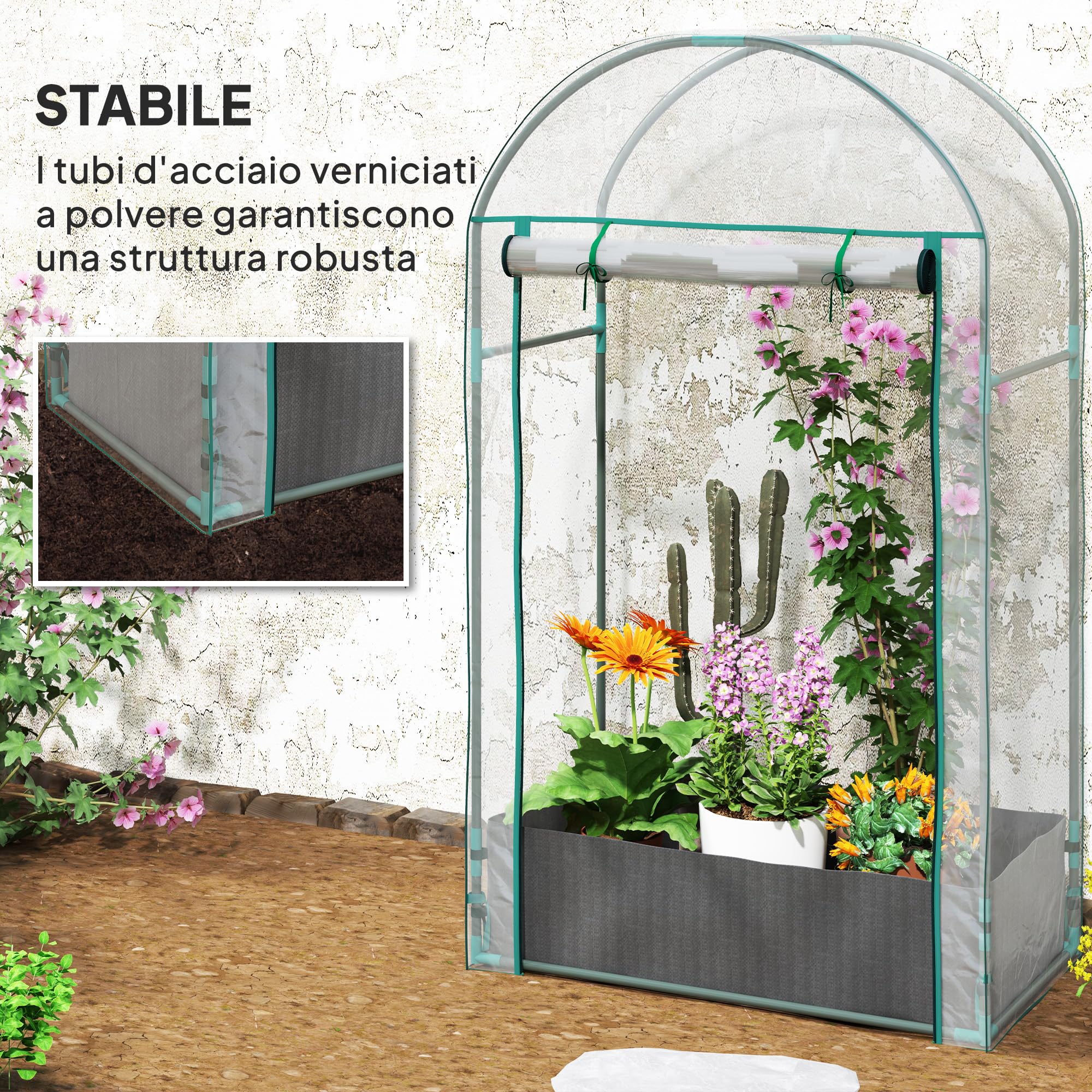Outsunny Serra da Balcone per Orto con Porta a Cerniera Avvolgibile e Sacco per Piante, Serra da Giardino in Acciaio e Plastica, per Piante, Fiori e Verdure, 89x50x152 cm, Trasparente