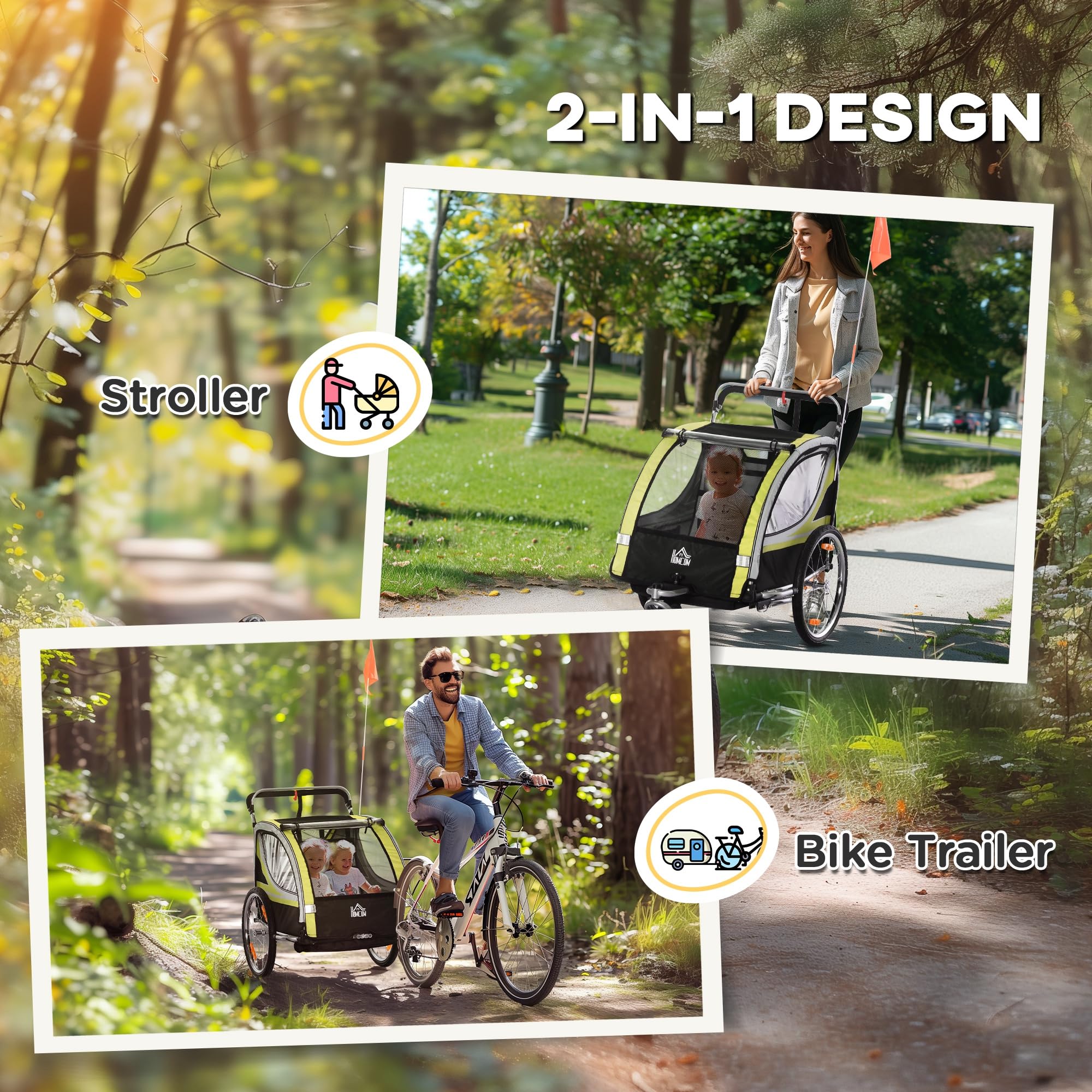 HOMCOM Remolque de Bicicleta para Niños y Silla de Paseo, Diseño 2 en 1 con Freno, Cinturón de 5 Puntos, Carrito Remolque para Bicicleta con Bolsillos Laterales, Catadióptricos y Banderita, Amarillo