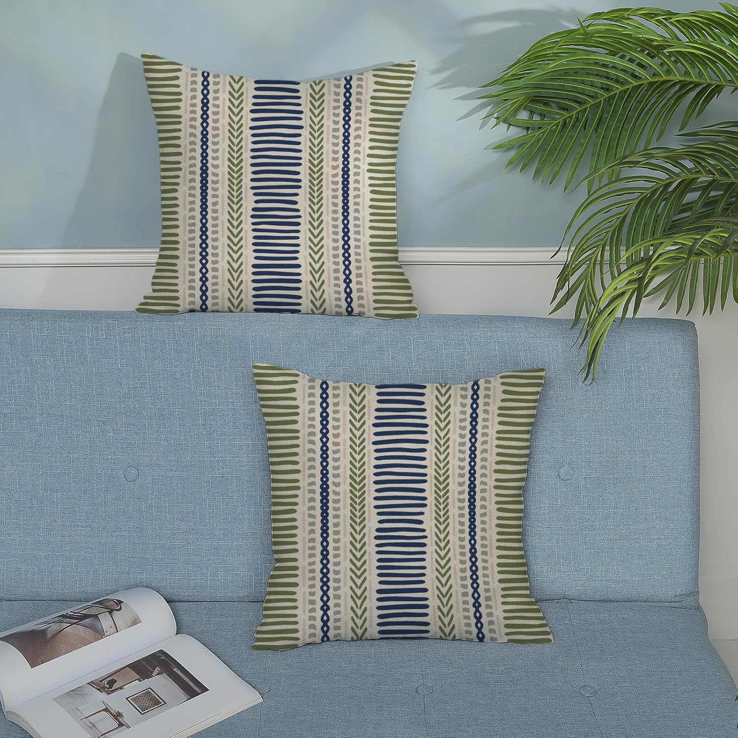 Sage Green Pillow Covers 18x18 Inch 2 Pcs Boho Navy Blue Grey Polka Dots Stripe Decor Throw Pillows Modern Geometric Outdoor Farmhouse Decoration Pillowcase Linen Cushion Cover for Couch Sofa - Image 3