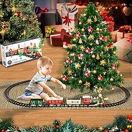 JUQU Christmas Train Set for Kids Ages 3-8 - Battery Operated Toy Train with Lights, Sounds, 3 Cars & 10 Tracks, Classic Christmas Tree Train Set for Under or Around Tree Gift