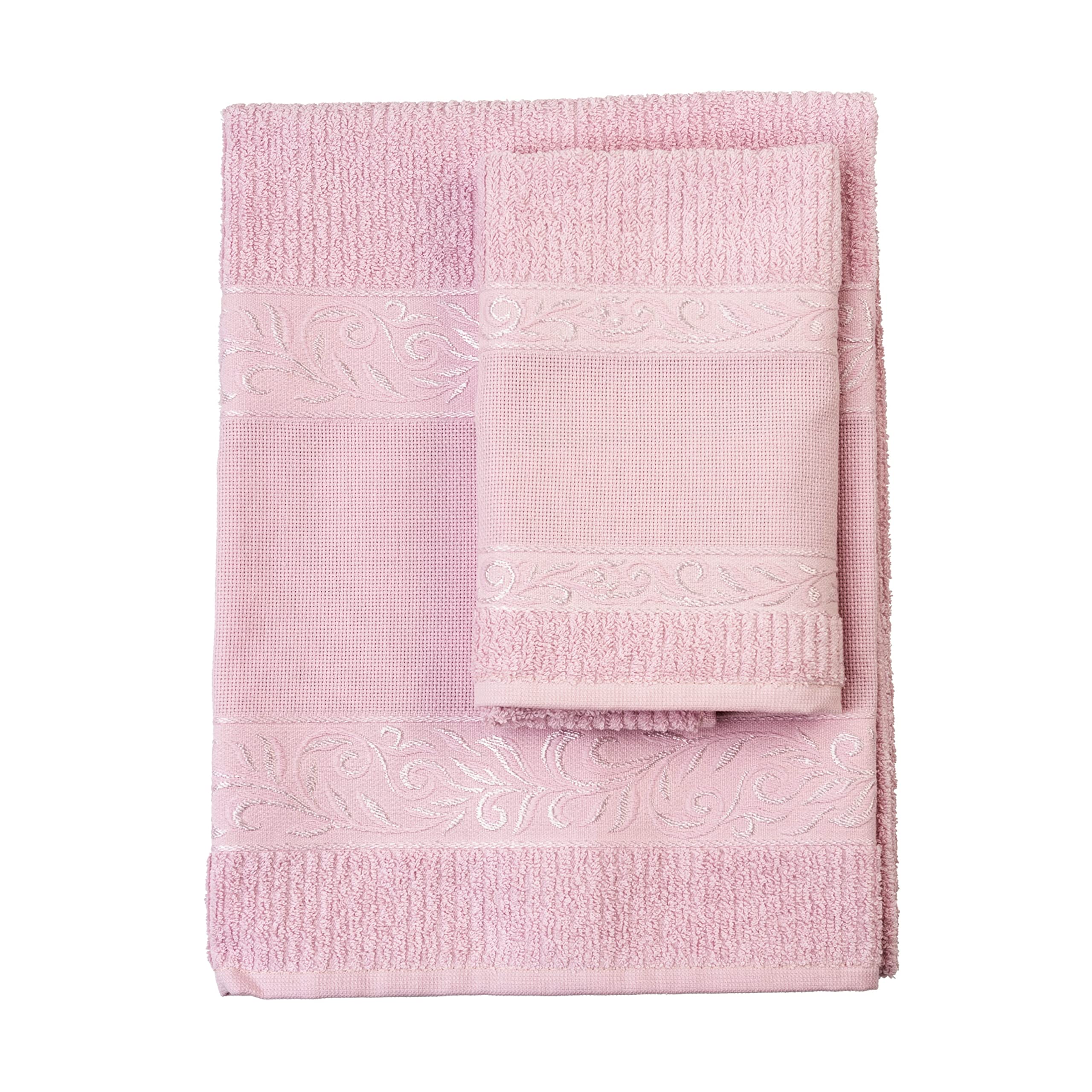 Filet Pink - Guest Towel Set With Aida Insert To Embroider, Made Of 100% Cotton Terry Towelling, Soft And Absorbent, Skin-Friendly, 100% Made In Italy, Solid Colour,