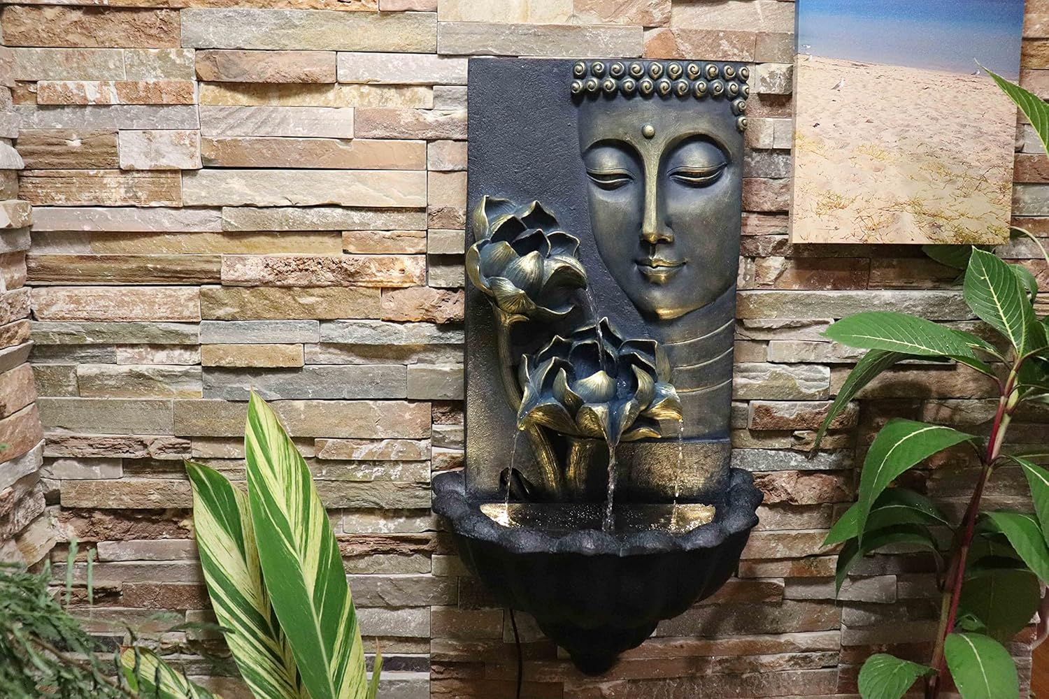 32.3'' Wall-Mounted Buddha Statue Zen Water Fountain - with Cascading Lotus Buddha Head Design, Best for Home,Gardens, Patios, Balconies Outdoor and Indoor Wall Decor