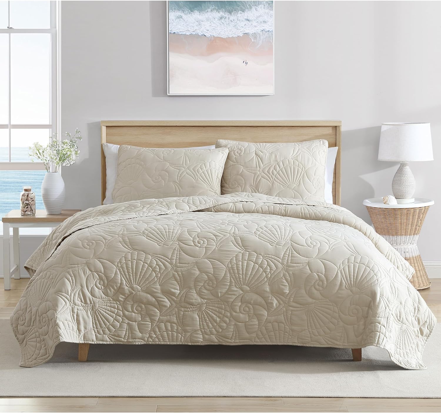 caribbean joe full/queen outlined shell 3-piece quilt set, coastal beach design bedding, sand