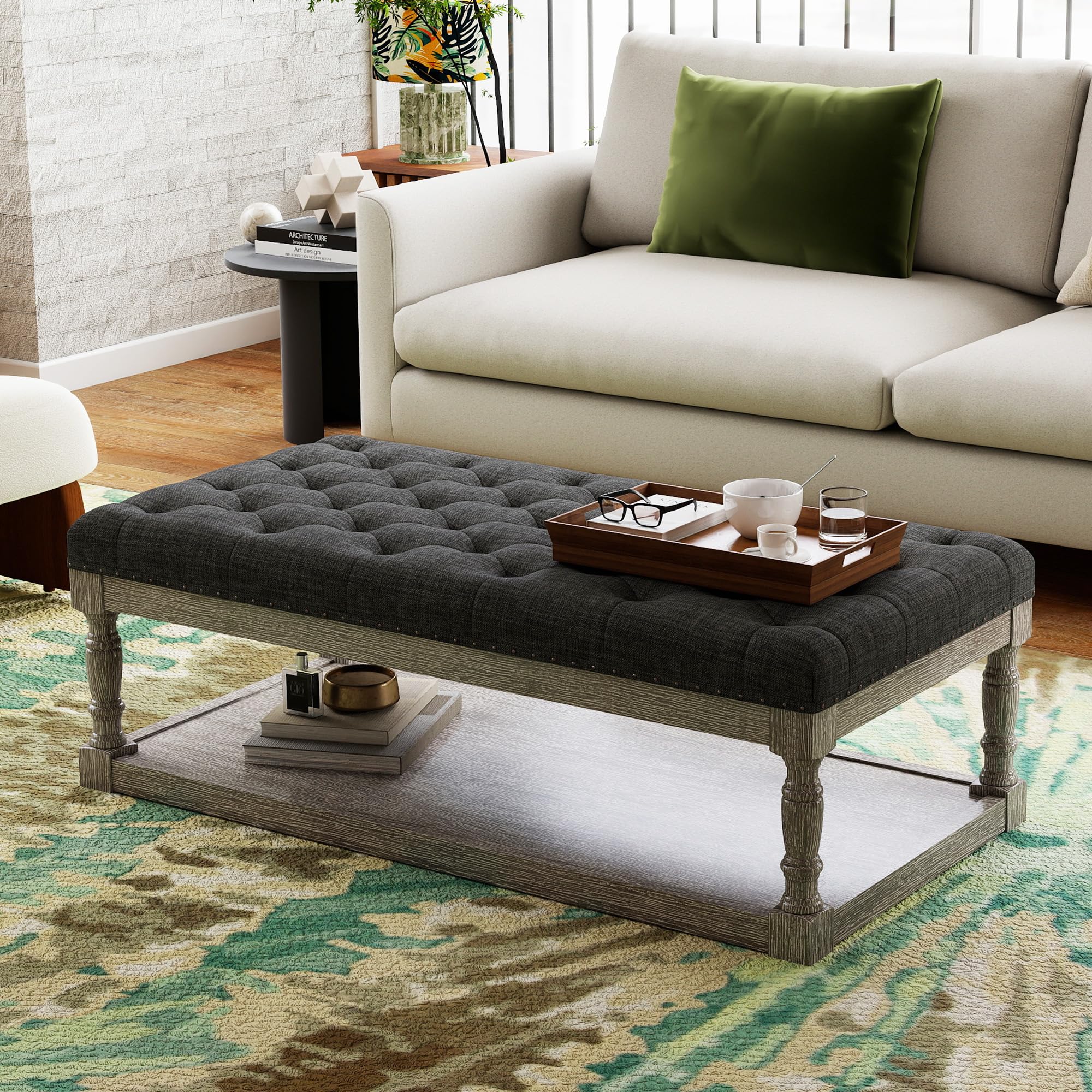 SwemDec 48" Large Ottoman with Storage Coffee Table, Upholstered Tufted Linen Ottoman Bench with Solid Wood Shelf for Living Room, Bedroom, Holds