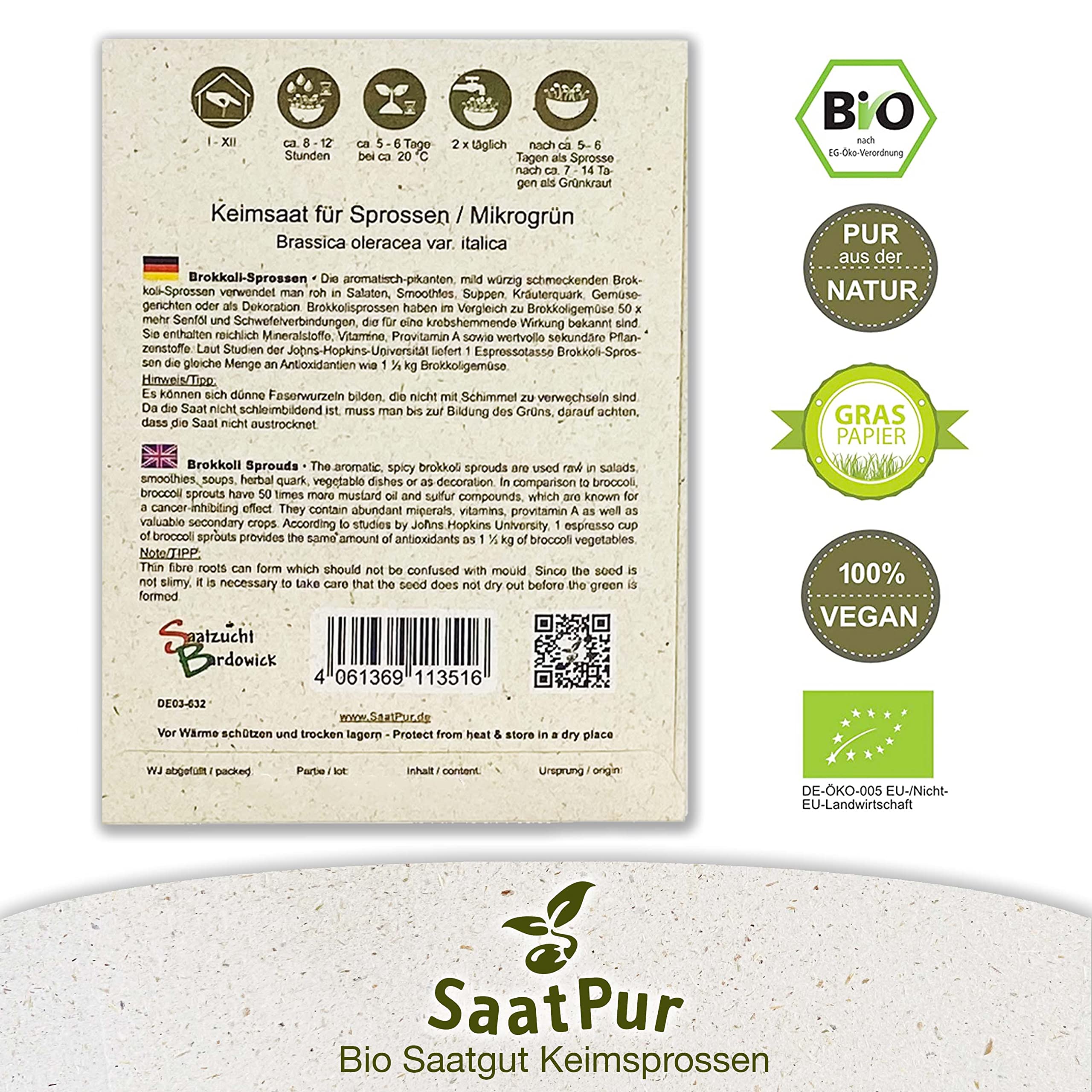 SaatPur Bio Keimsaat - Brokkoli Keimsprossen Sprossen Microgreen - 20 g Lebensmittel Qualität