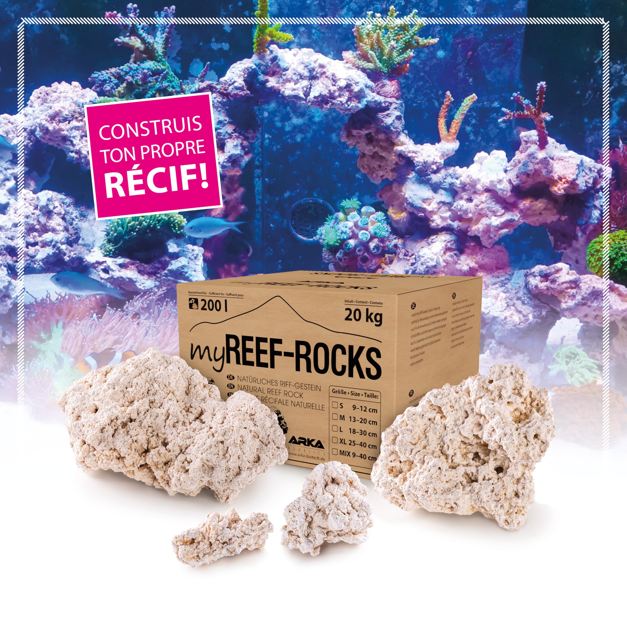 ARKA myREEF-Rocks 20kg - Roches Naturelles pour Aquariums Marins, constructions Authentiques, sans polluants, Surface optimale pour colonisation bactérienne