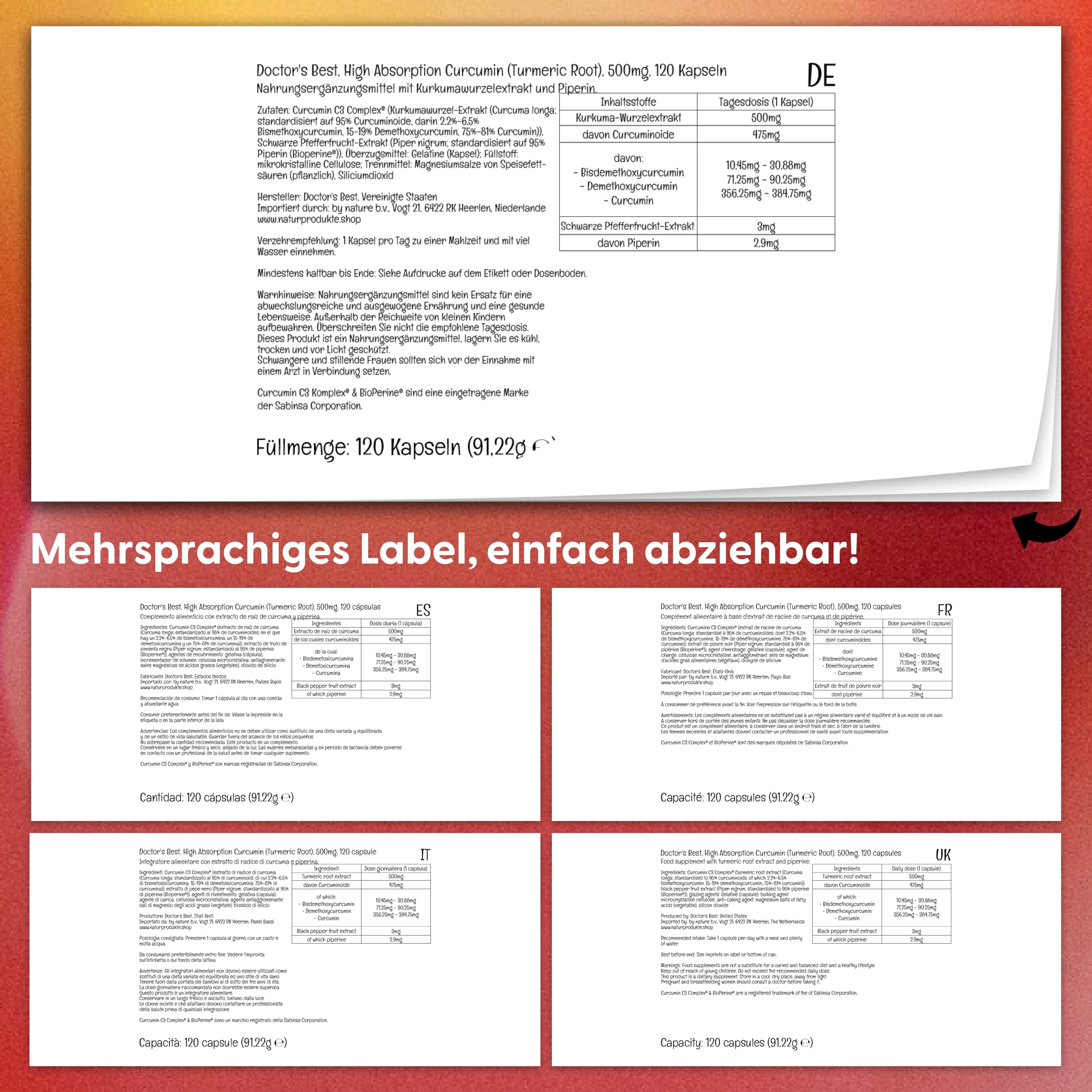 Doctor's Best, High Absorption Curcumin, 500mg, 120 Kapseln, Laborgeprüft, Kurkuma, Glutenfrei, Sojafrei, Ohne Gentechnik