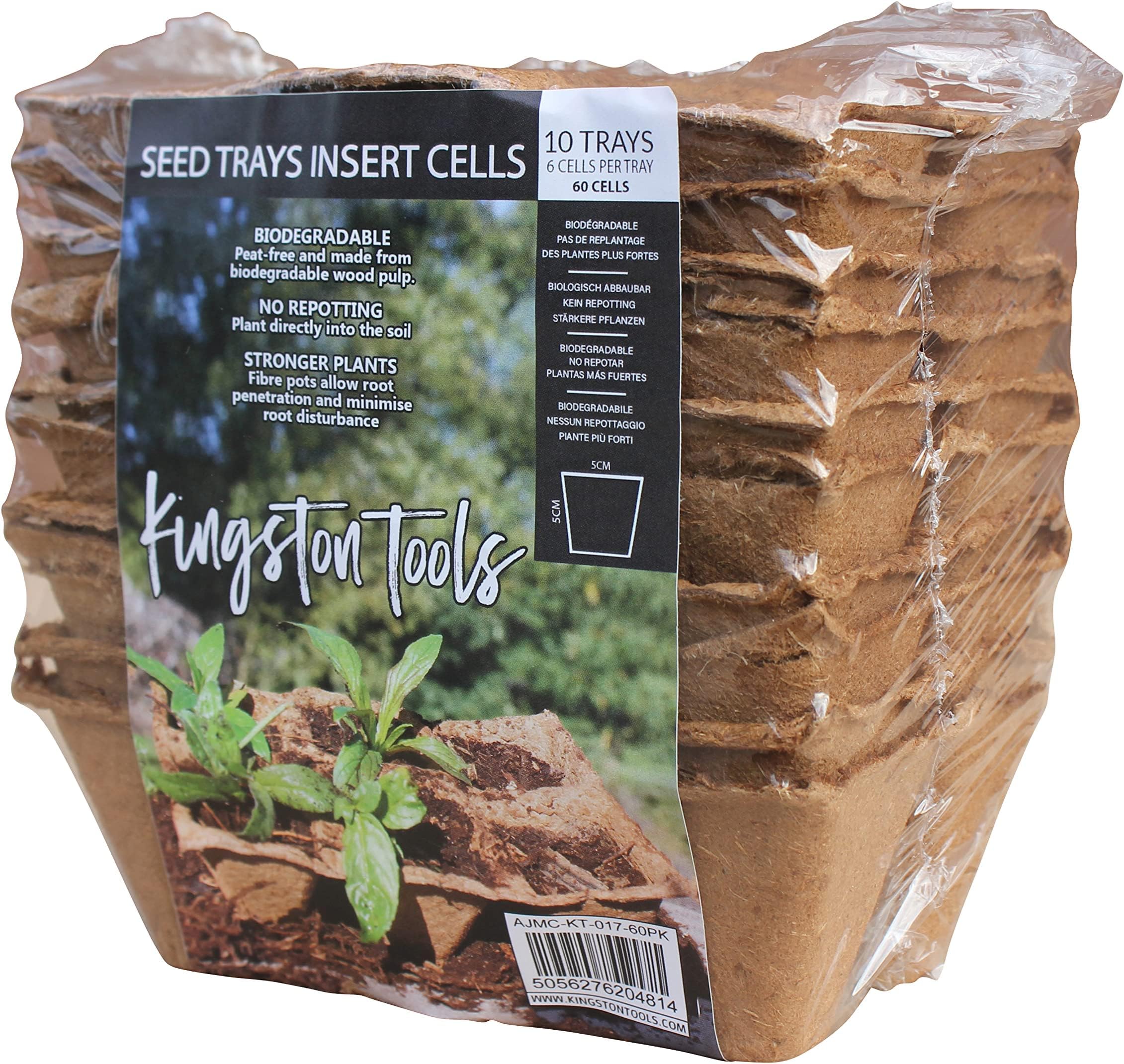 Kingston Tools Biodegradable Seed Trays Inserts Cells – 10 Trays/60 Cells (6 Cells per Tray) – Plant Potting Garden Tray –Peat-Free Wood Pulp Gardening Fibre Square Pots – Ideal for Seeds and Seedling