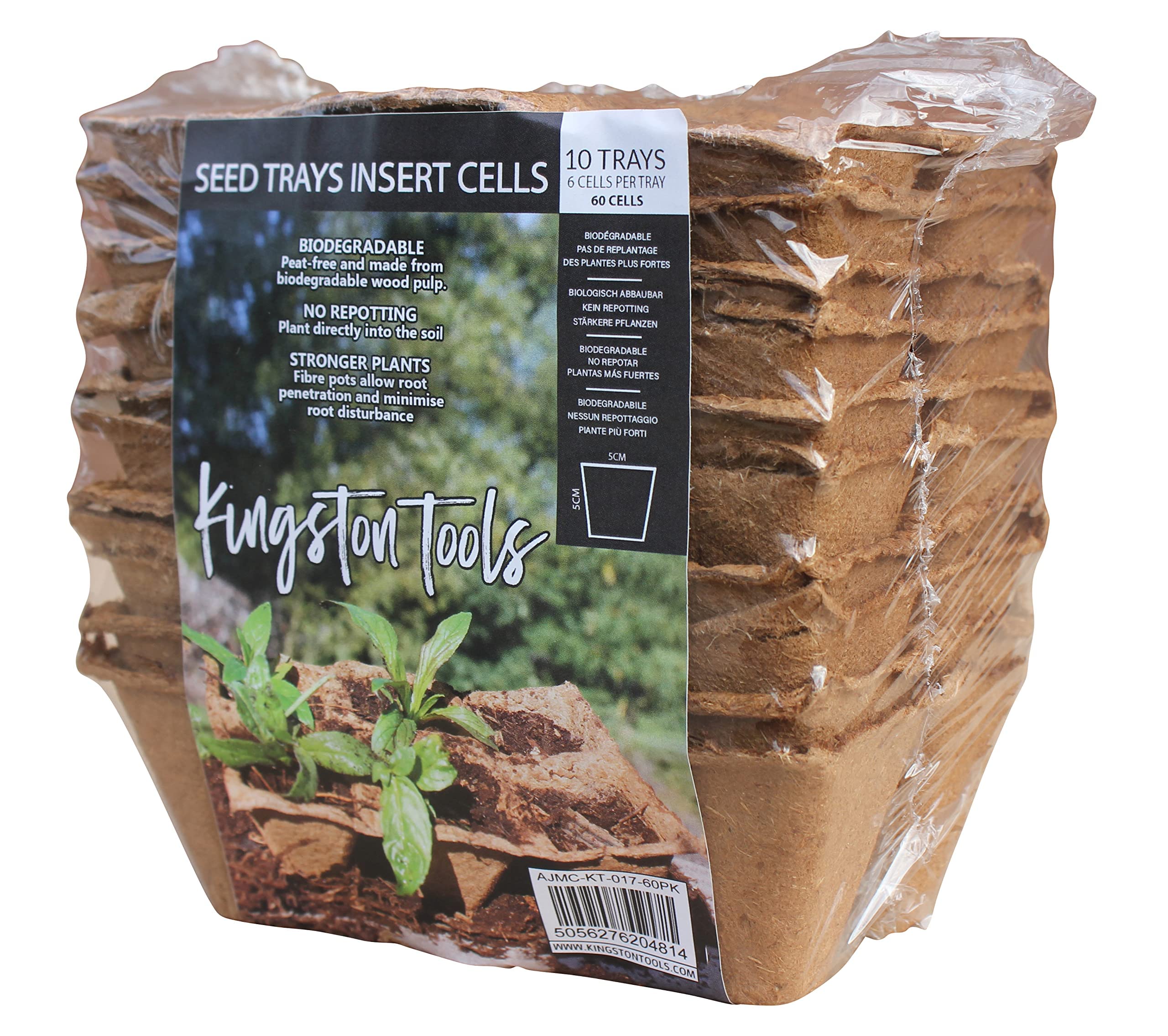 Kingston Tools Biodegradable Seed Trays Inserts Cells – 10 Trays/60 Cells (6 Cells per Tray) – Plant Potting Garden Tray –Peat-Free Wood Pulp Gardening Fibre Square Pots – Ideal for Seeds and Seedling