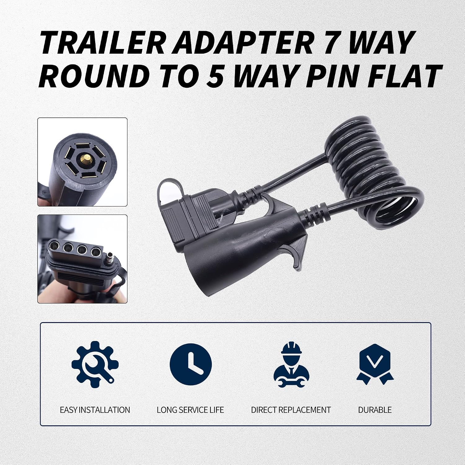 HiSport Trailer Adapter 7 Way Round to 5 Way Pin Flat Wire Coiled Wiring Connector Plug 5FT for Boat Trailer and RV Towing