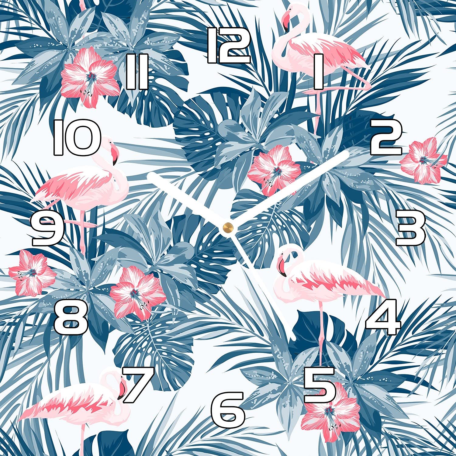 Horloge en verre 30x30 cm Coloray avec aiguilles noires motif indigo flamingo