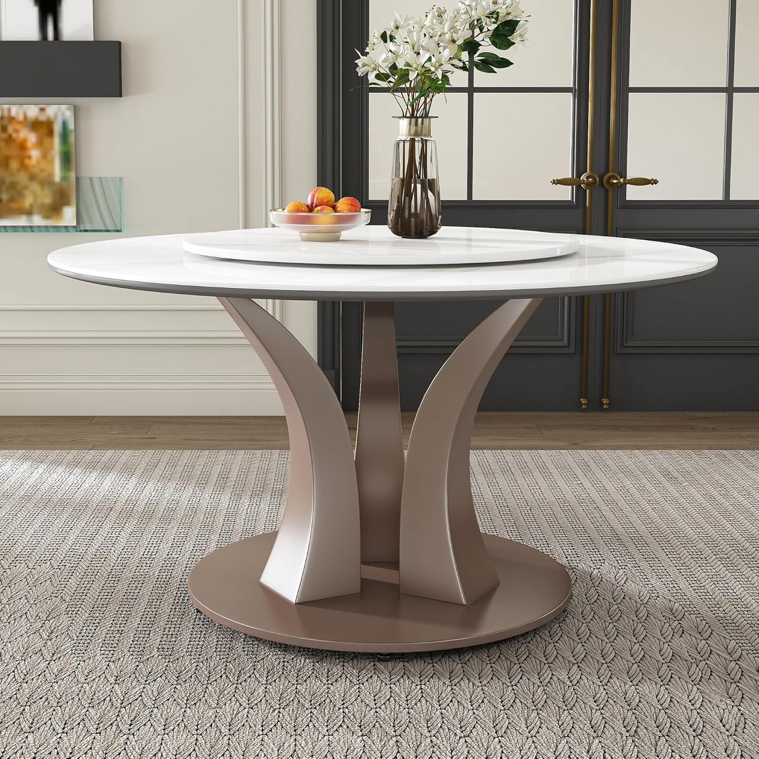 Montary 53” Modern Round Dining Table for 4-8 Seat, Artificial Marble Dining Room Table with Lazy Susan, Morán Purple Tree Branch Stainless Steel Base, Sintered Stone Top Dining Table (Only Table)