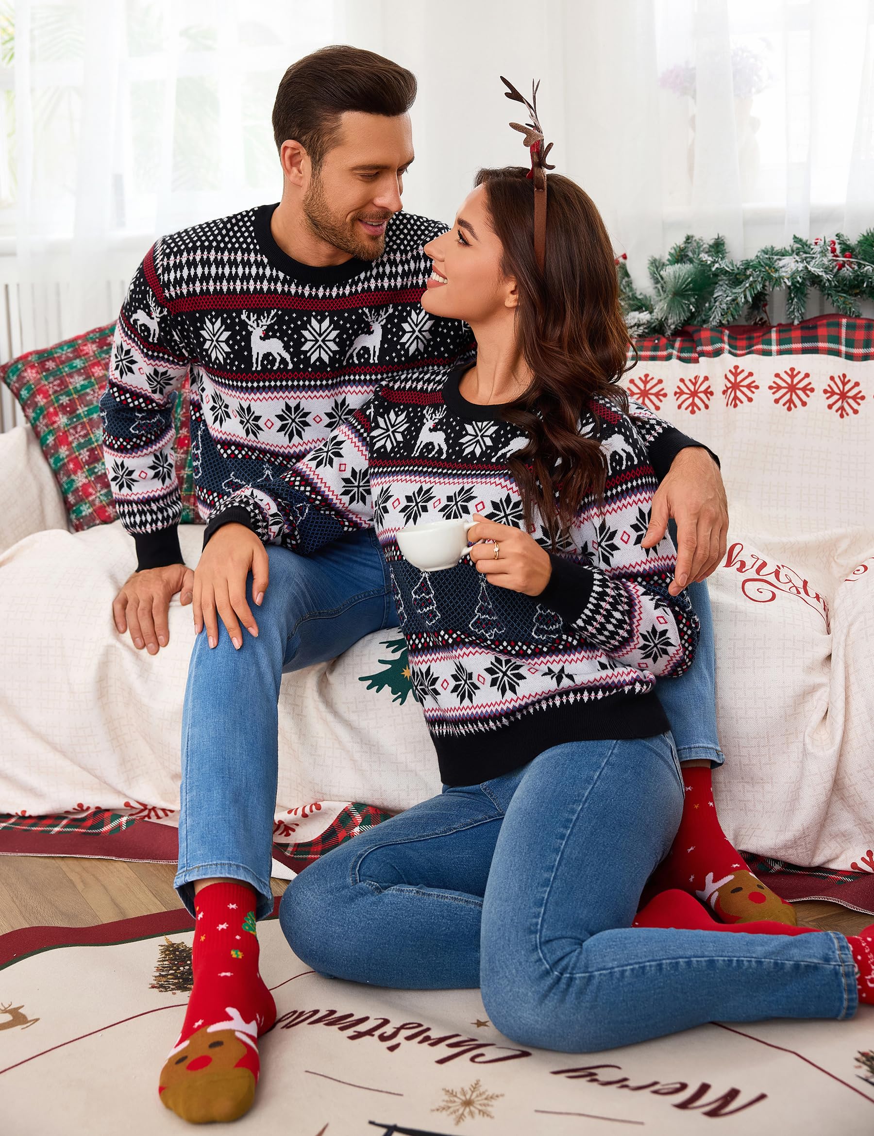 Suéter de Navidad para Hombre Punto Jersey de Invierno con Cuello Redondo Diseño de Renos y Copos de Nieve para Navidad S-XXL