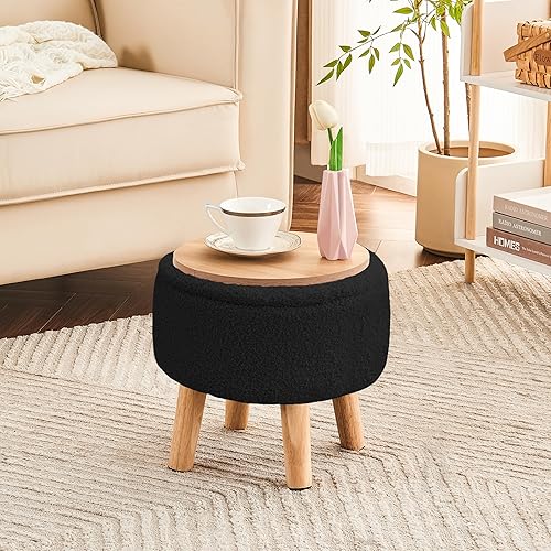 Miniatura 2 de Poofzy Otomana pequeña con almacenamiento, taburete pequeño otomano con patas de madera, reposapiés Sherpa para sofá, sala de estar y dormitorio,
