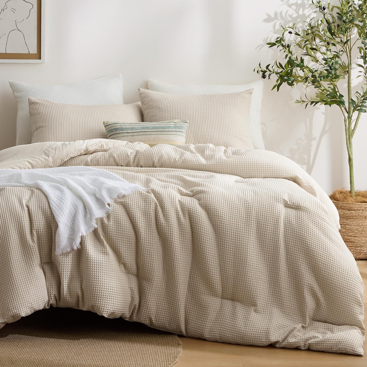 Bedsure Waffle Comforter Set Queen Size,Beige Breathable Bedding Set,All Season Comforter with 3 Pieces,1 Waffle Weave Comforter (90"x90") and 2 Pillowcases (20"x26")