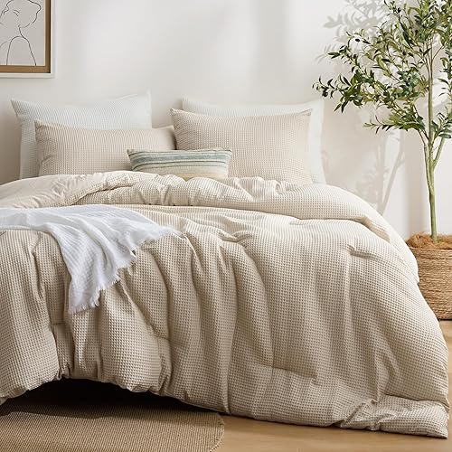 Bedsure Queen Bedding Comforter Set Beige, Waffle Breathable Bedding Set, All Season Comforter with 3 Pieces, 1 Waffle Weave Comforter (90"x90") and 2 Pillowcases (20"x26")