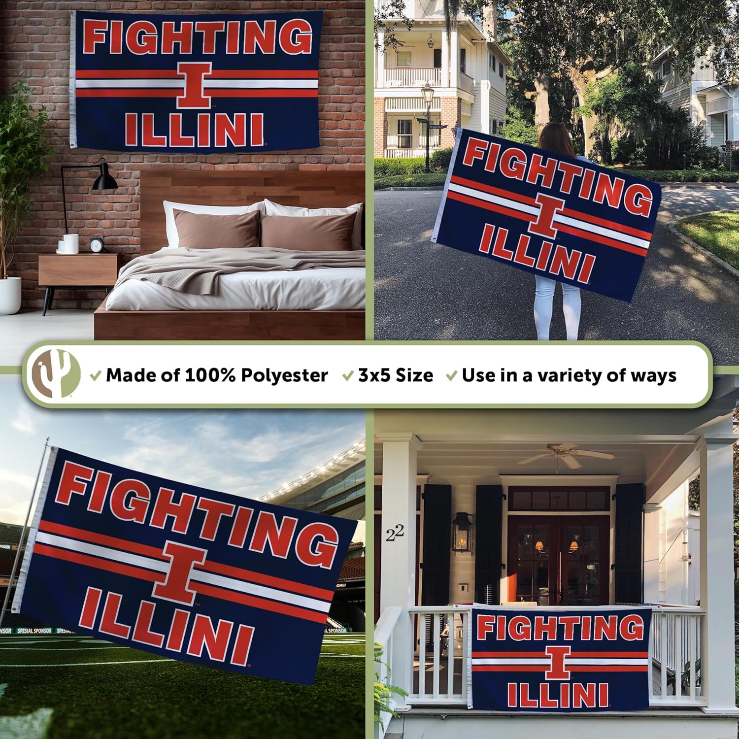 Desert Cactus University of Illinois Flag - 3 x 5 Feet Fighting Illini U of I Banner, Indoor/Outdoor Durable Fabric Display (Style I1)