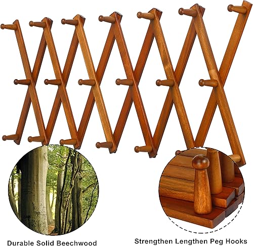 Miniatura 8 de Dseap Percha de pared de acordeón Perchero expandible de pared de madera de 16 pulgadas de alto, soporte para sombreros, gancho de acordeón para
