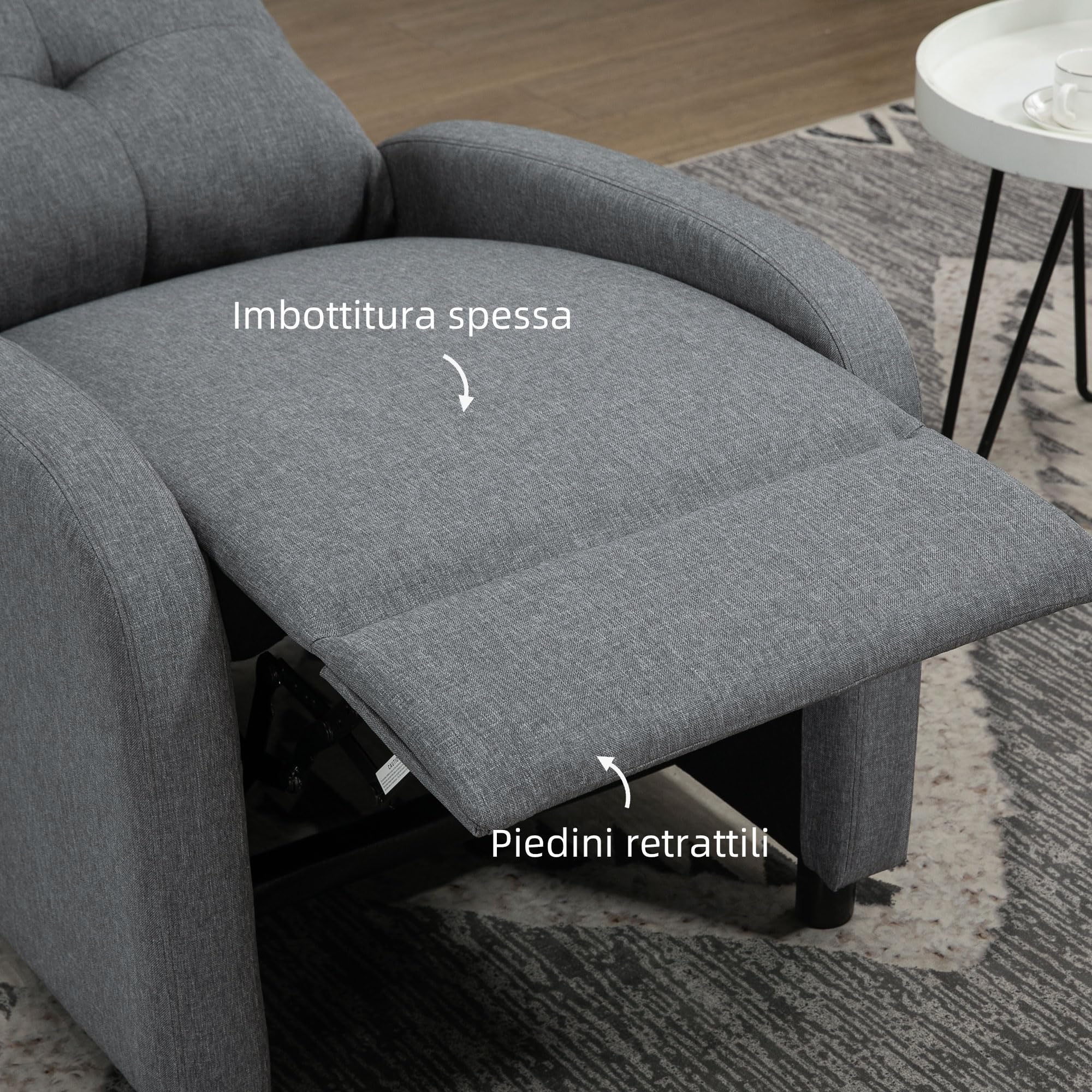HOMCOM Poltrona Relax Reclinabile Manuale 155° con Poggiapiedi, Poltroncina Reclinabile Imbottita Ergonomica in Tessuto Effetto Lino per Camera da Letto, Ufficio, Salotto e Soggiorno, Grigio
