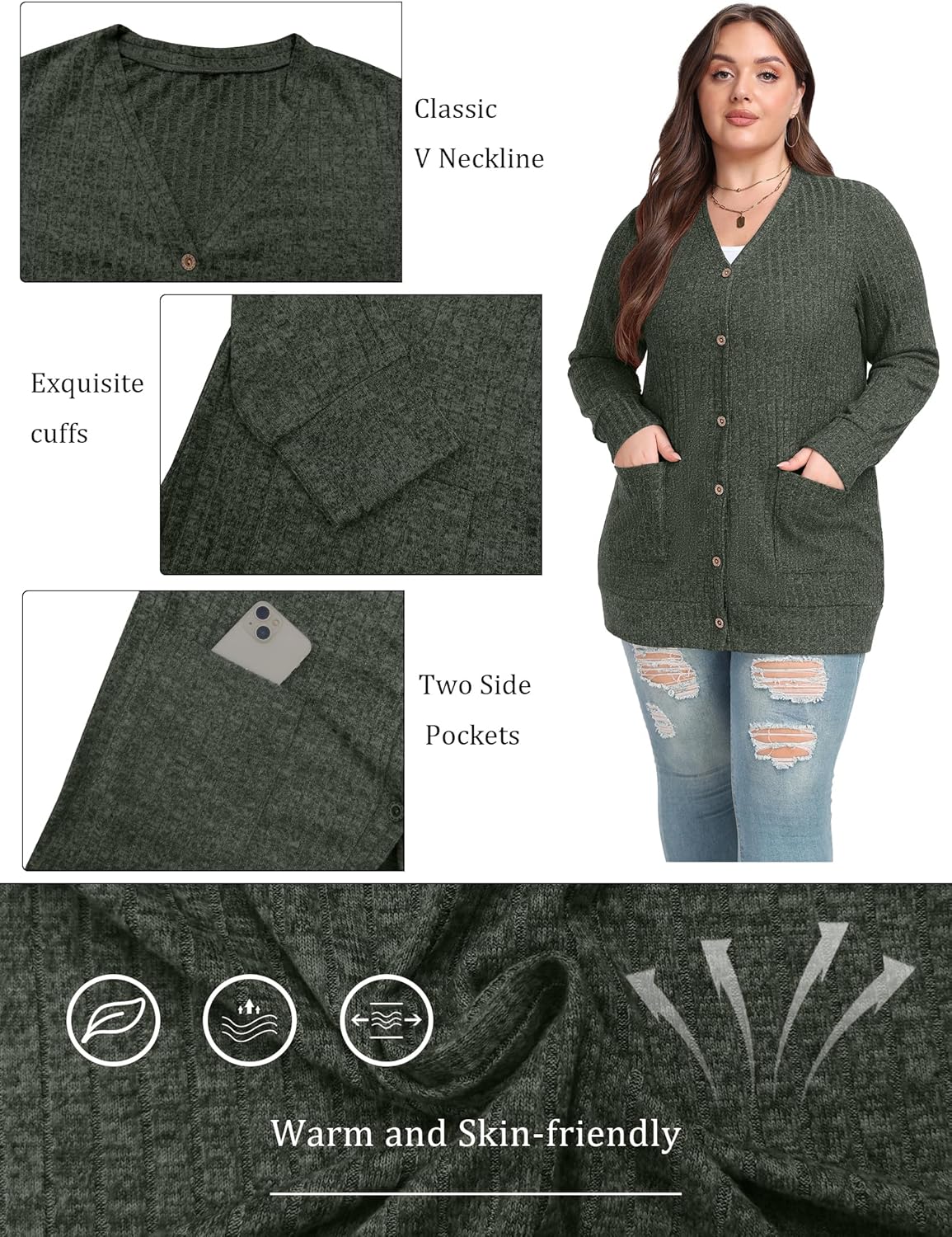 OLRIK Women Plus Size Cardigan Open Front Button Down Sweater Lightweight Jacket with Pockets Fall Winter Outfits - Image 5