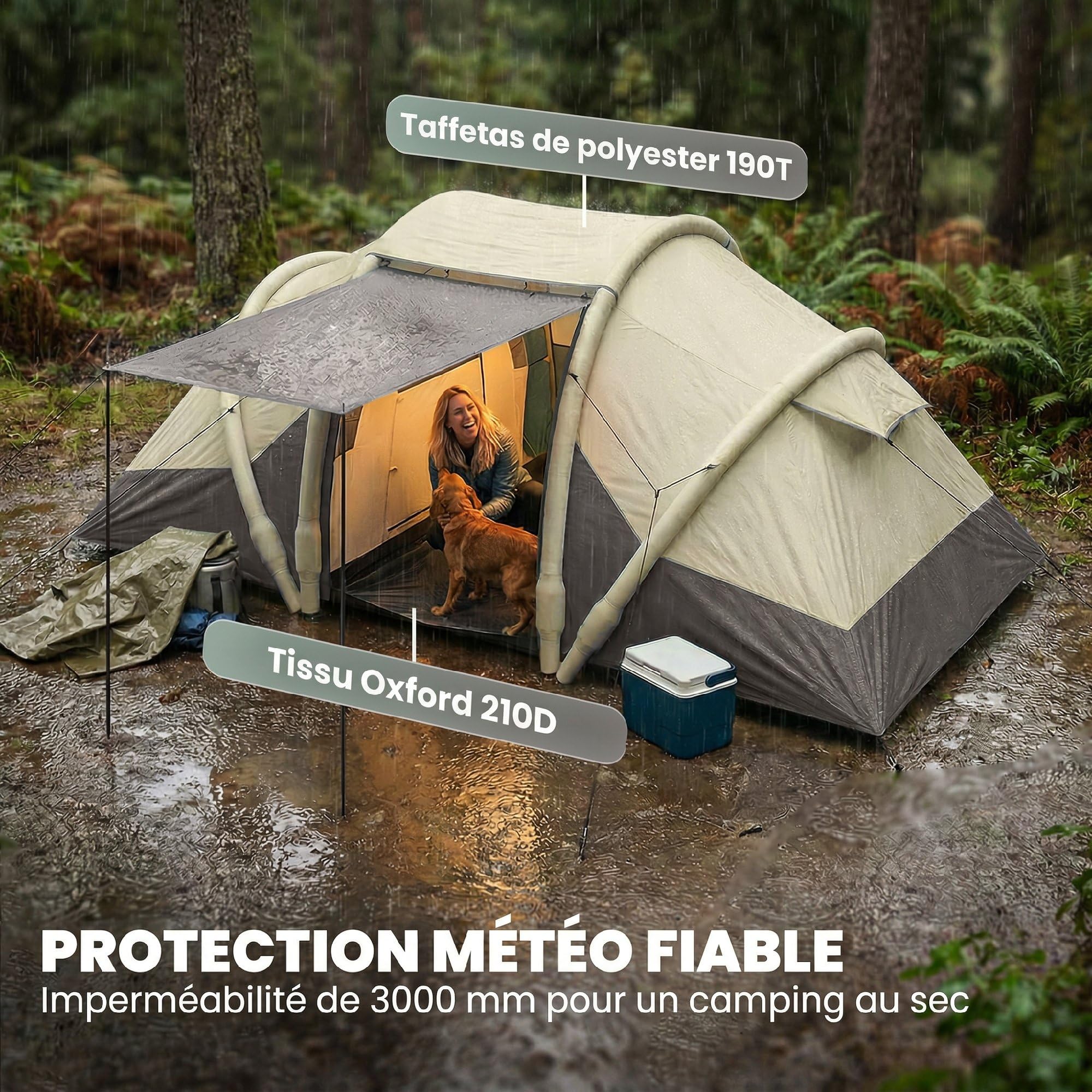 Outsunny Tente de Camping Gonflable 2-4 Personnes avec Pompe, 2 Chambres et Séjour - Tente Tunnel Familiale Imperméable 3000mm - 4,85m avec Valve de Décharge et Auvent, pour Camping, Gris
