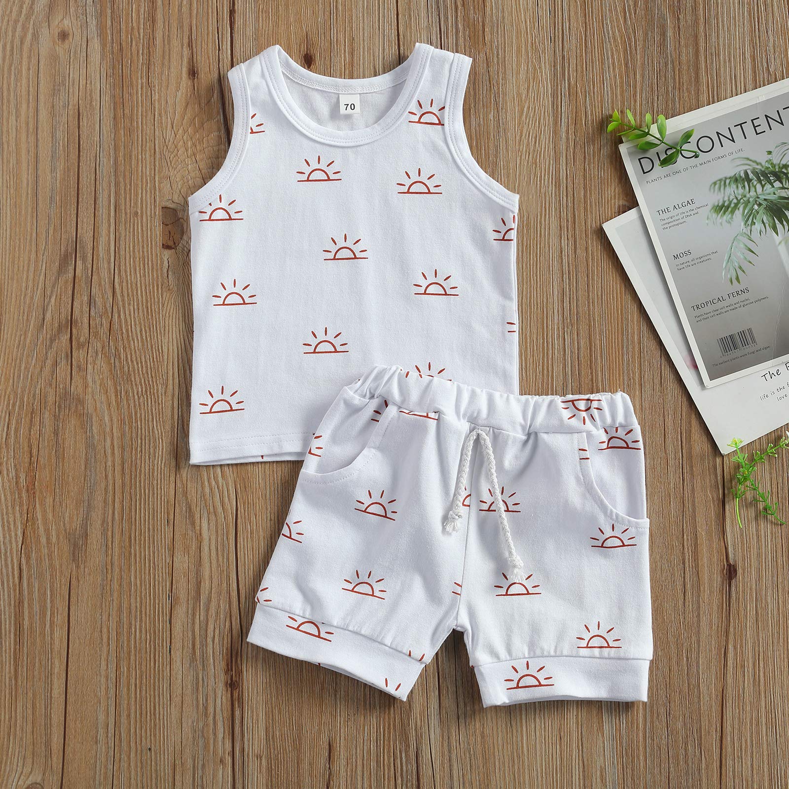 Ilyhaha Infant Newborn Baby Boys Summer Outfits Sleeveless Tank Camisoles Belt Jogger Shorts 2Pcs Set (Sun+White, 0-6 Months)
