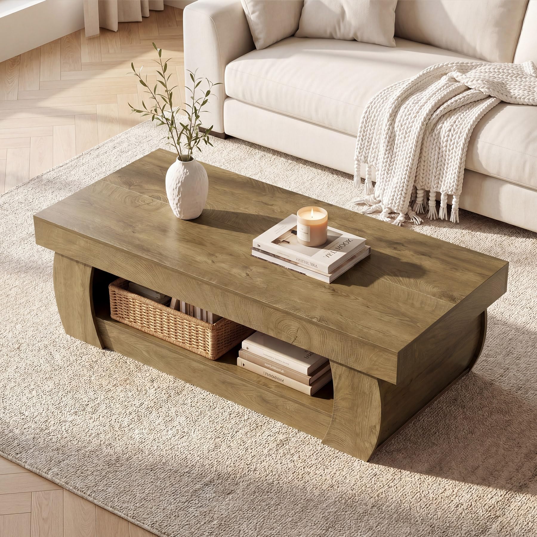 Tribesigns Couchtisch 140 cm mit Stauraum, Rechteckiger Couchtisch mit Ablage, 2 Ebenen Wohnzimmertisch im Landhausstil, Großer Sofatisch Holz für Wohnzimmer, Rustikal Braun, 140 x 70 x 45 cm