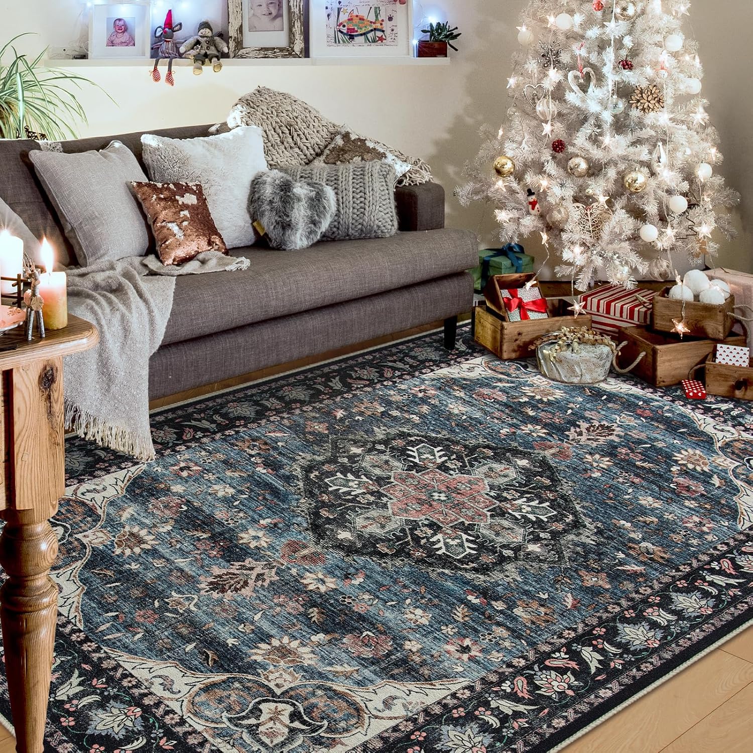 Amearea Vintage Design Navy Blue Area Rugs for Living Room, 4x6 Machine Washable Floral Collection Traditional Bedroom Rug, Low Pile Dinning Room Carpet, No Slip Office Kitchen Home Decor, Navy Blue