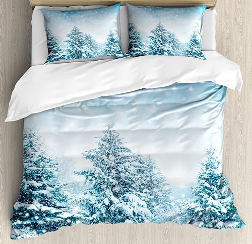 Invierno Juego de funda nórdica por ambesonne, cubierta de nieve abeto Árboles sobre Mountainside Blizzard Arctic Woodland Tranquil outdooors, juego