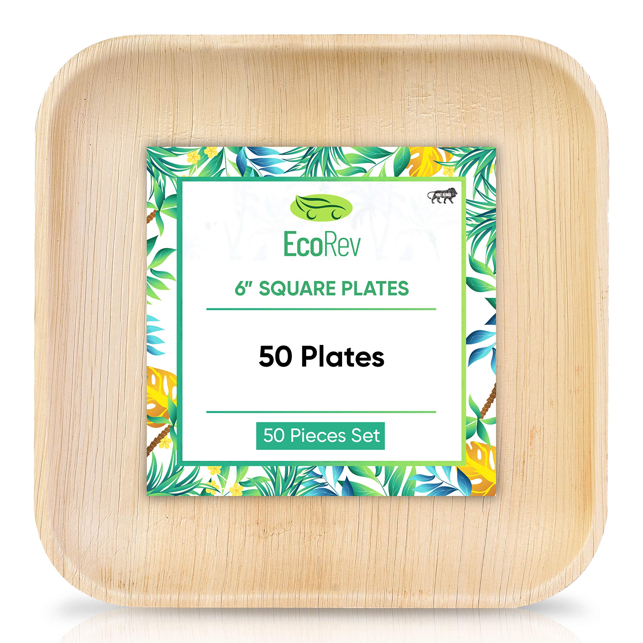 Eco Rev Palm Leaf Plates - Like Bamboo Plates Disposable Appetizer & Dessert Plates Set - 50 6” Square Plates - 100% Compostable Biodegradable Eco Friendly Plates (6Inch - 50 Plates)