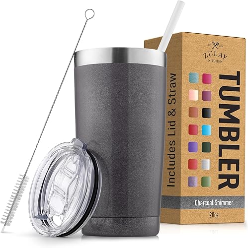 Zulay - Vaso de acero inoxidable de 20 onzas con tapa y pajilla, taza de café de viaje sin sudor, taza de viaje aislada de doble pared para bebidas