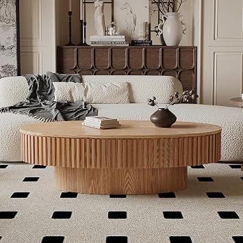 SSLine Boho Oval Coffee Table 47" Oval-Shape Coffee Table with Lid and Hidden Storage Handcraft Vertical Texture Relief Modern Drum Center Table for Living Room Bedroom