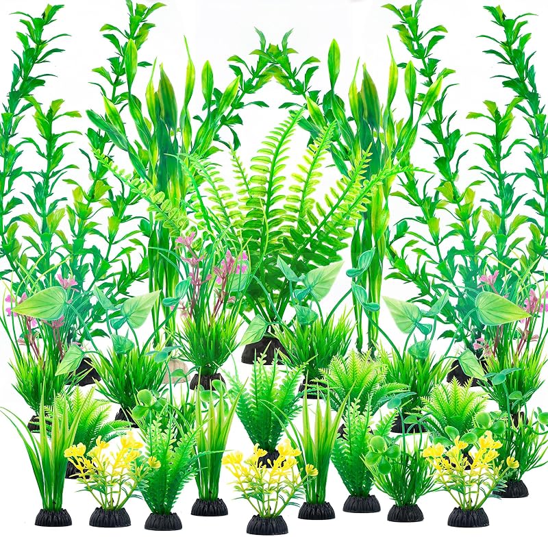 Ameliade Aquarium Artificial Plastic Plants Large Fish Tank Decor, 26PCS | Green Aquarium Decorations, Soft Goldfish Betta Big Tank Accessories, Fish Bowl Tall Ornaments