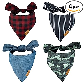 Remy+Roo Dog Bandanas - 4 Pack | Timeless Set | Premium Durable Fabric | Unique Shape | Adjustable Fit | (Large)