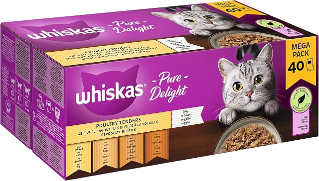 Whiskas 1+ mokra karma dla kota Ragout drób w galaretce, 40 x 85 g (1 opakowanie) wysokiej jakości mokra karma dla dorosłych kotów, w 40 woreczkach porcjowanych