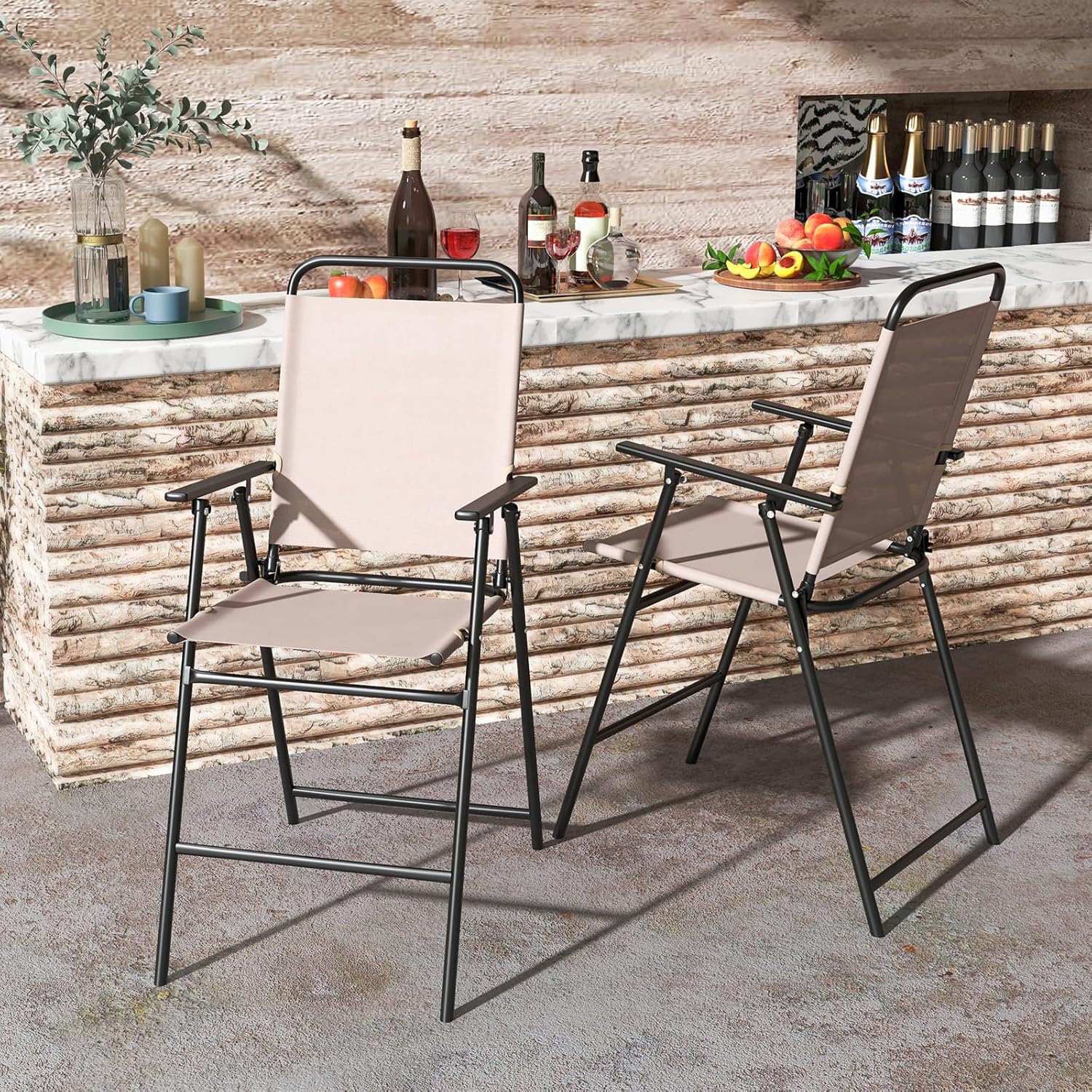 COSTWAY Outdoor Folding Bar Chairs Set of 2, 24 Inch Counter Height High Top Chairs with Metal Frame, Armrest & Footrest, Patio Barstools for Balcony, Poolside, Backyard, Beige