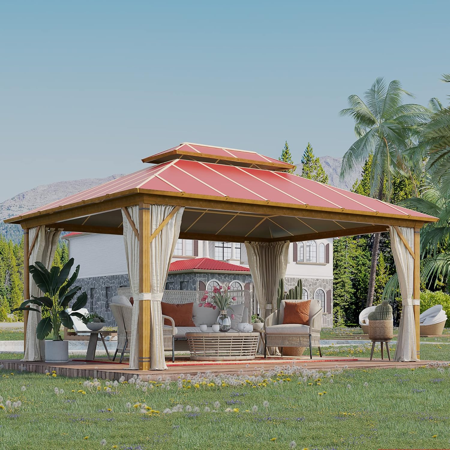 YOLENY 12'x16' Gazebo, Outdoor Wood Grain Hardtop Gazebos