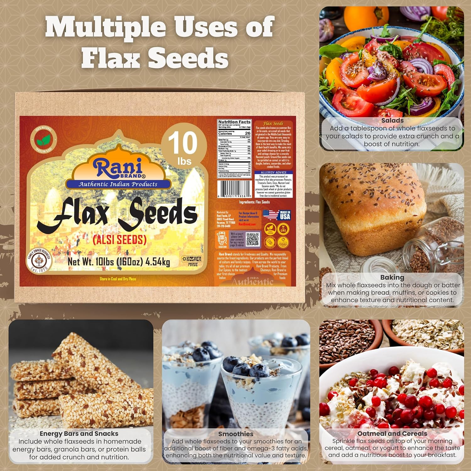 Rani Flax Seeds Whole Raw (Alsi, Linum usitatissimum) 160oz (10lbs) 4.54kg Bulk Box ~ All Natural | Gluten Friendly | Non-GMO | Kosher | Vegan | Indian Origin