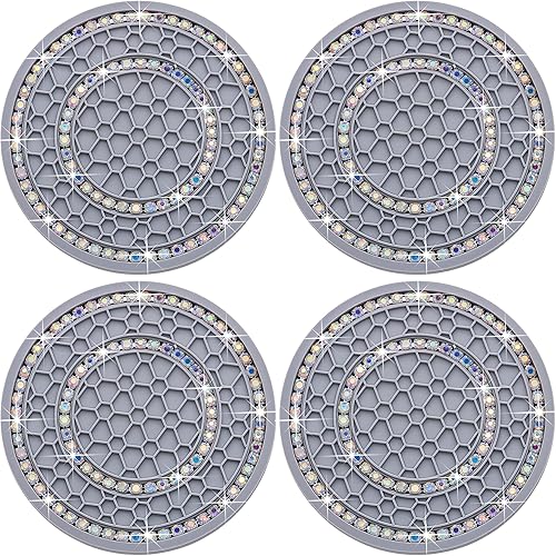 Miniatura 43 de 2 piezas posavasos con diamantes de imitación de cristal, 2.75 pulgadas, silicona suave, antideslizante, a prueba de golpes, portavasos de Negro y