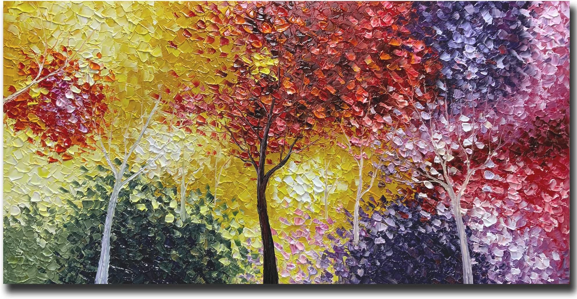 Tiancheng Art,24x48 inch 100% Hand-Painted Oil Painting Tree Wall Art Pieces Framed Canvas Paintings Contemporary Artwork Ready to Hang for Home Decoration Kitchen Office Wall Decor