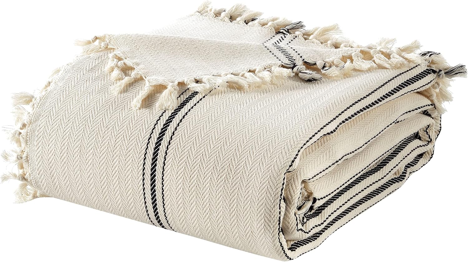 Handmade Undyed Natural Cotton Throw Blanket with Fine Black Pinstripes – Soft, Lightweight, All-Around with Fringes, Timeless Sofa & Rocking Chair Décor (Ivory & Pinstripe, 53'' x 75'')