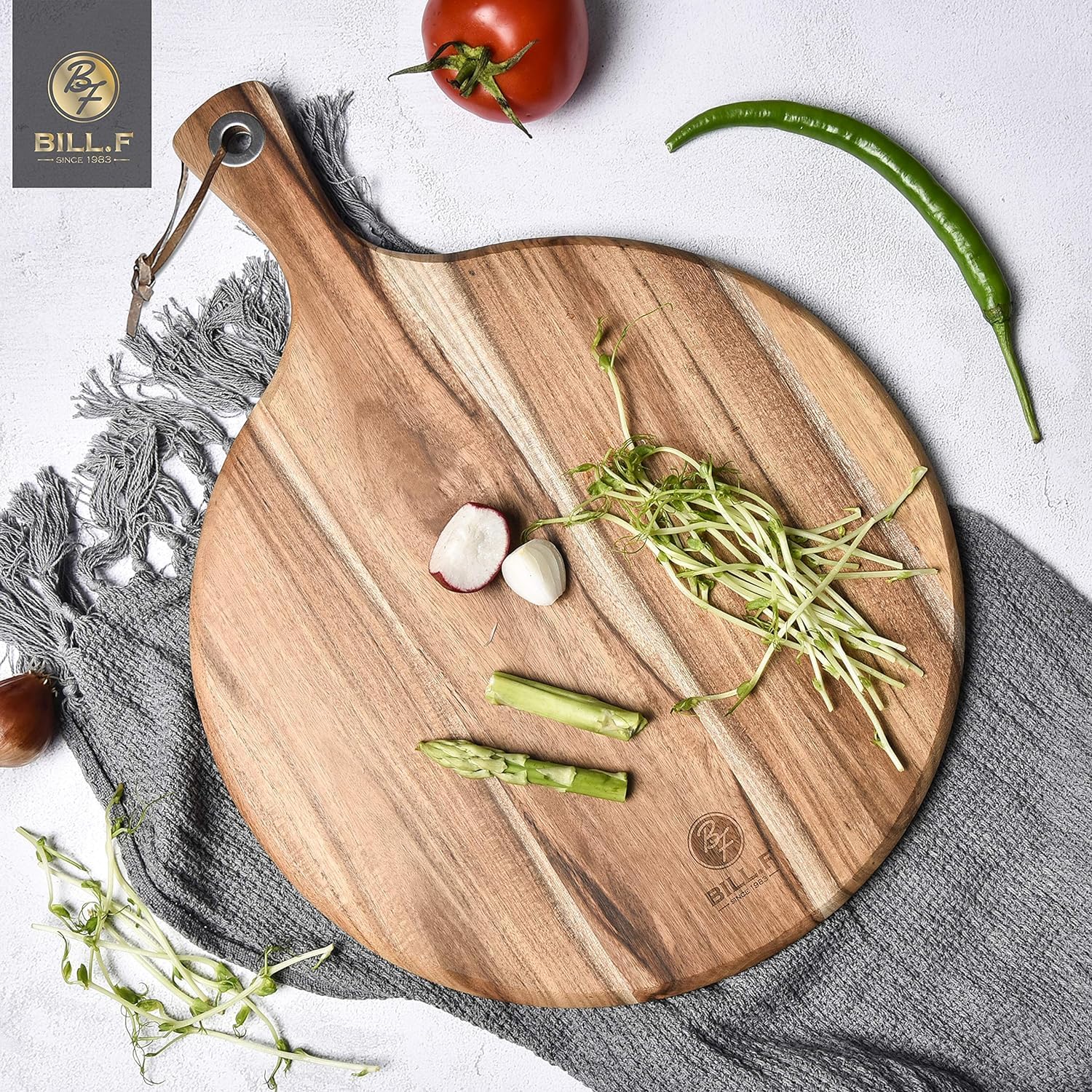 BILL.F - Tabla de cortar de madera para cocina, juego de 2 tablas de cortar de madera con mango para carne, tabla de queso, verduras, pan, embutidos, tabla decorativa de madera para servir cocina y