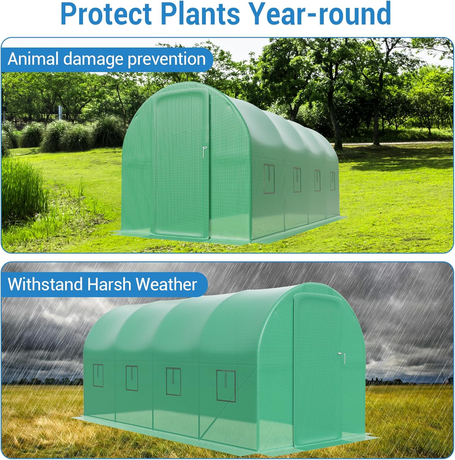 15X7x7 Ft Large Walk in Outdoor Greenhouse with Swing Door & 8 Mesh Windows, Plant Green House with Reinforced Galvanized Steel Frame & Durable PE Cover, Greenhouses for Outdoors Backyard Planting