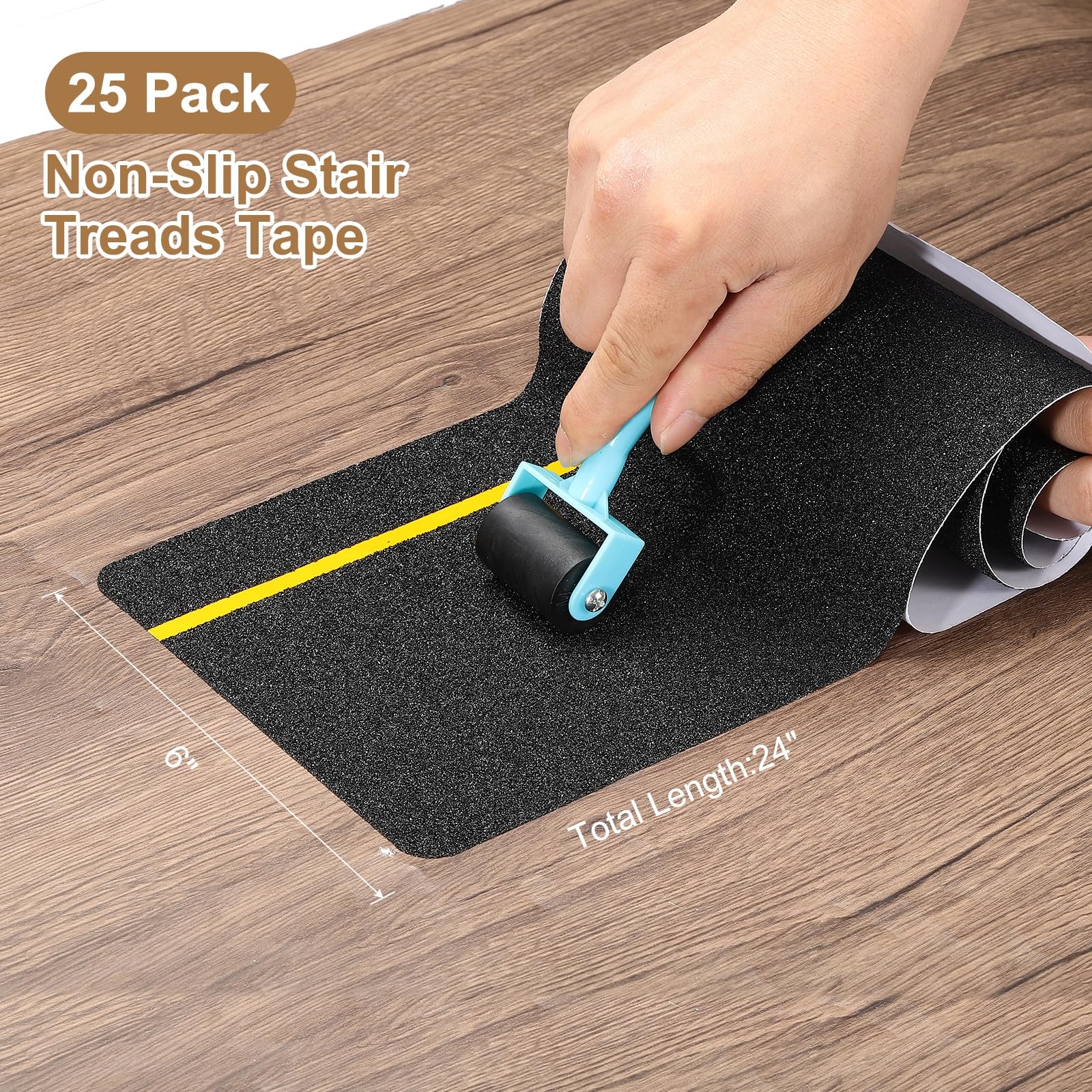 PATIKIL 15x61cm Cinta Antideslizante Negra Para Escalones, Paquete De 25 Tiras Autoadhesivas Antideslizantes Con Franja Fosforescente De 6mm Para Escalones De Madera