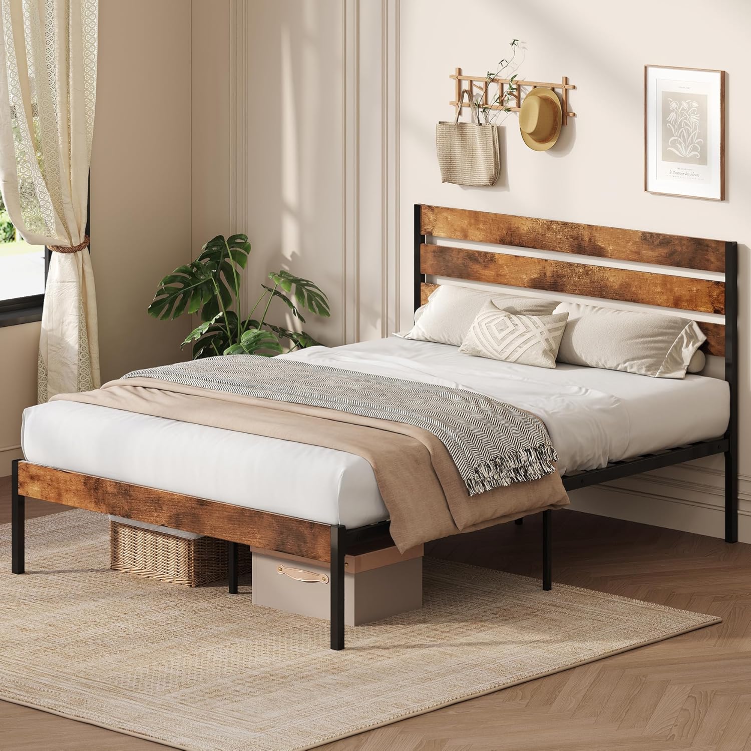 WLIVE Full Size Bed Frame with Headboard, Metal Platform Bed Frame with Under Bed Storage, 1500LBS Mattress Foundation, No Box Spring Needed, Easy Assembly, Rustic Brown
