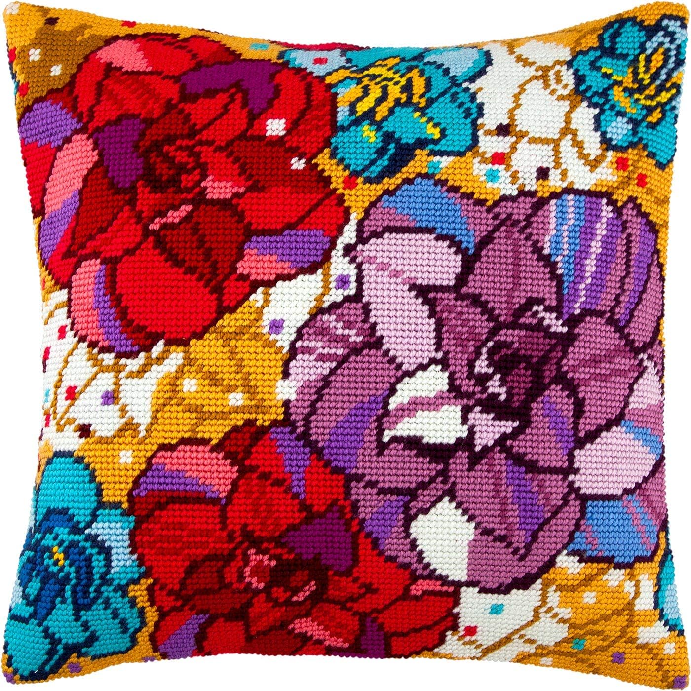 Brvsk Floral Embroidery Kit for Adults and Beginners — Floral Confetti 16″ × 16″ with Clear, Precise Printed Design on Cotton Canvas; Includes 2 Needles, Yarn, and Easy-Read Chart